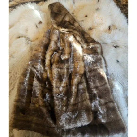 Vintage XS Rachel Zoe Horizontal Chestnut Faux Mink Cropped Fur Coat Soft - Picture 8 of 12